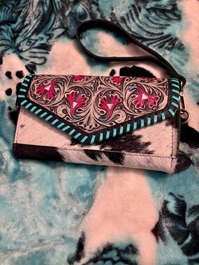 Turquoise & Pink Floral Accent cowhide Wristlet/crossbody wallet- Women Bags